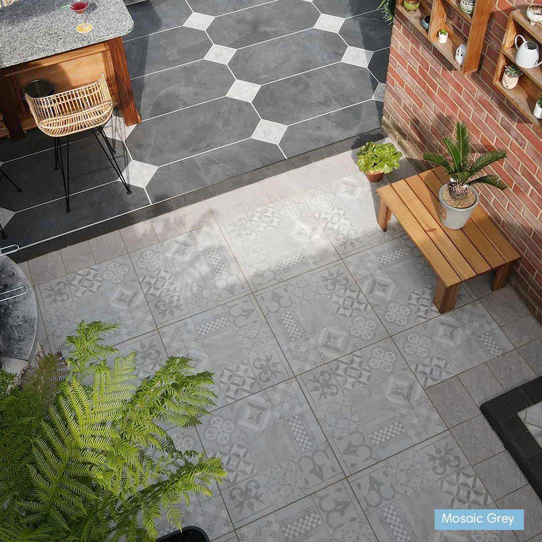 patterned paving, patterned tiles; outdoor patterned tile; decorative slabs; mosaic tiles; mosaic paving; mosaic, printed slabs; grey outdoor tiles, porcelain slabs, porcelain paving; outdoor porcelain; patterned porcelain slabs